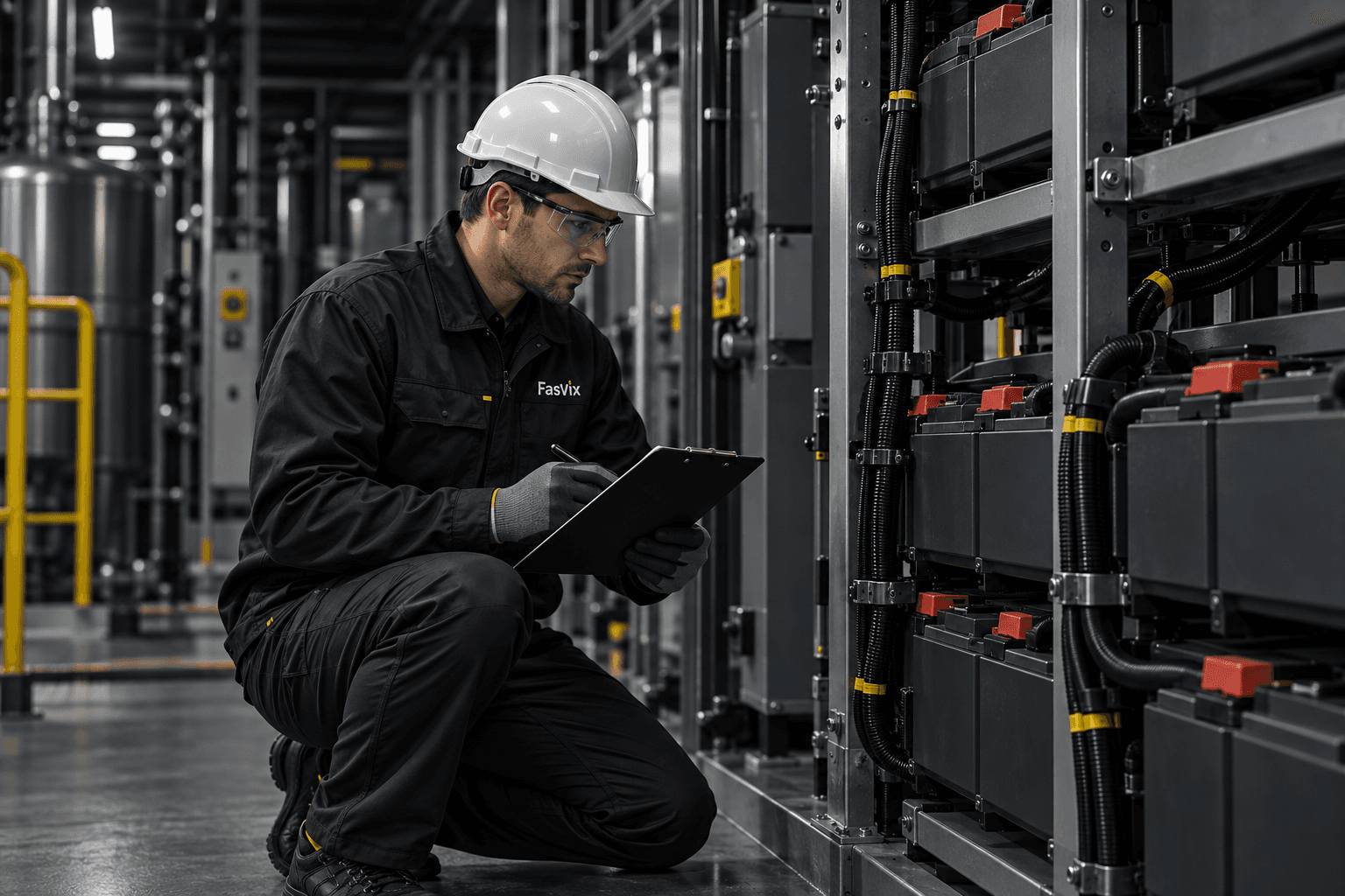 Illustrative technician inspecting isolated industrial battery equipment.