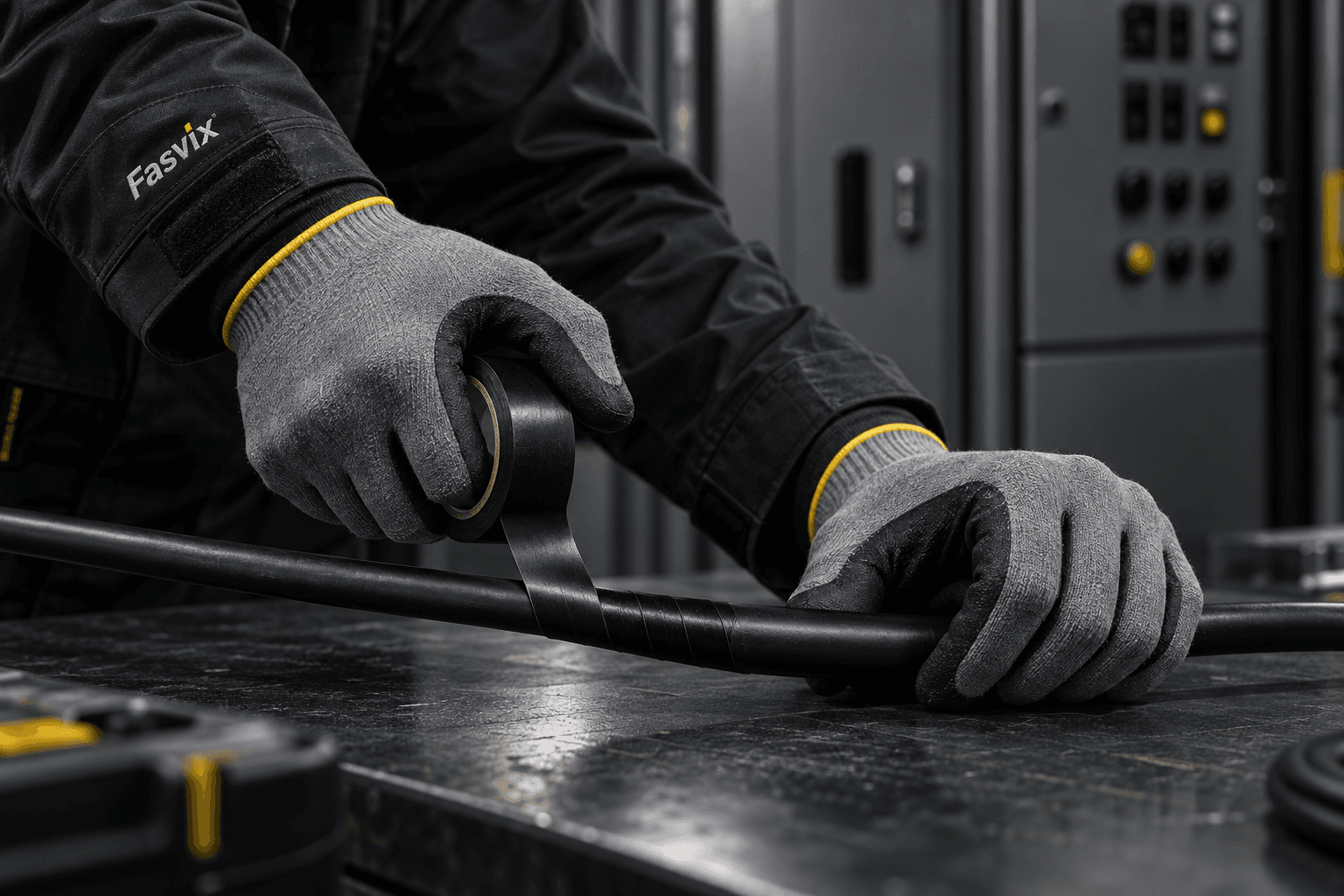 Illustrative gloved hands wrapping one intact insulated black cable on a dry workbench.