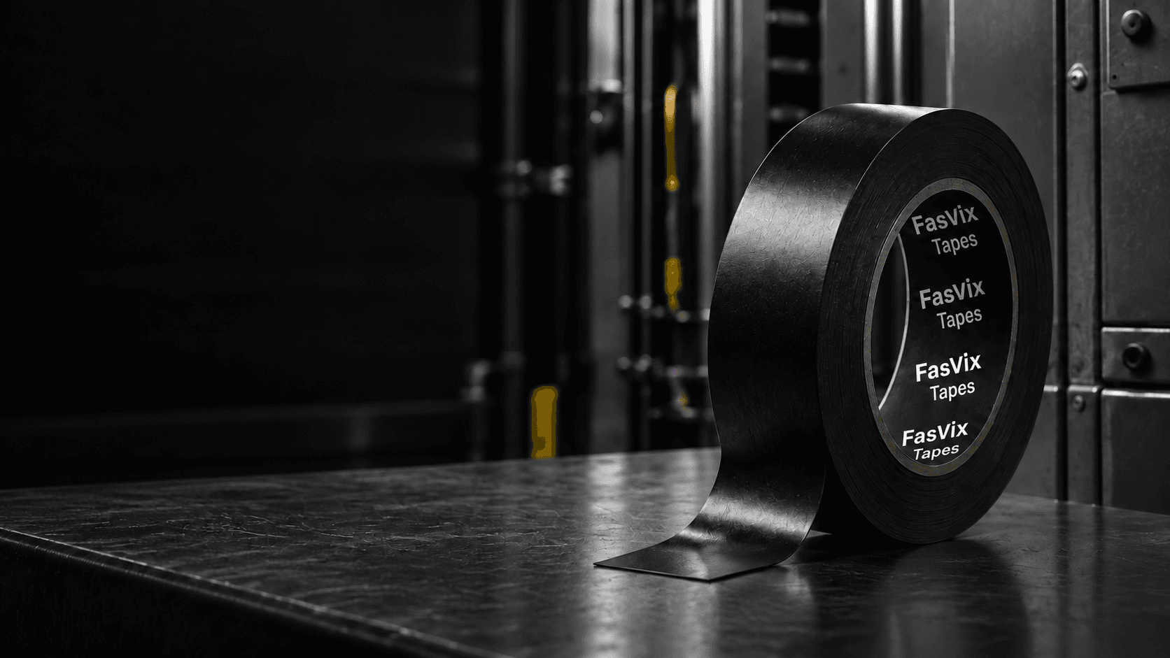 Illustrative FasVix black electrical tape roll on a dark industrial workbench.