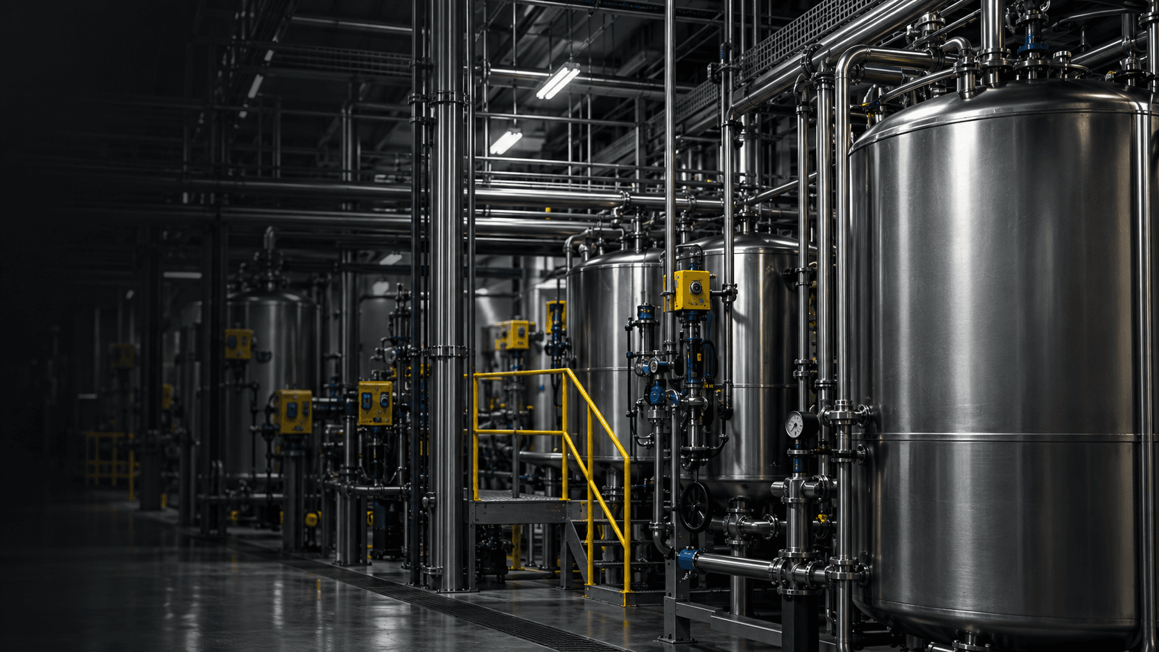 Illustrative industrial process area with metal vessels and pipework.