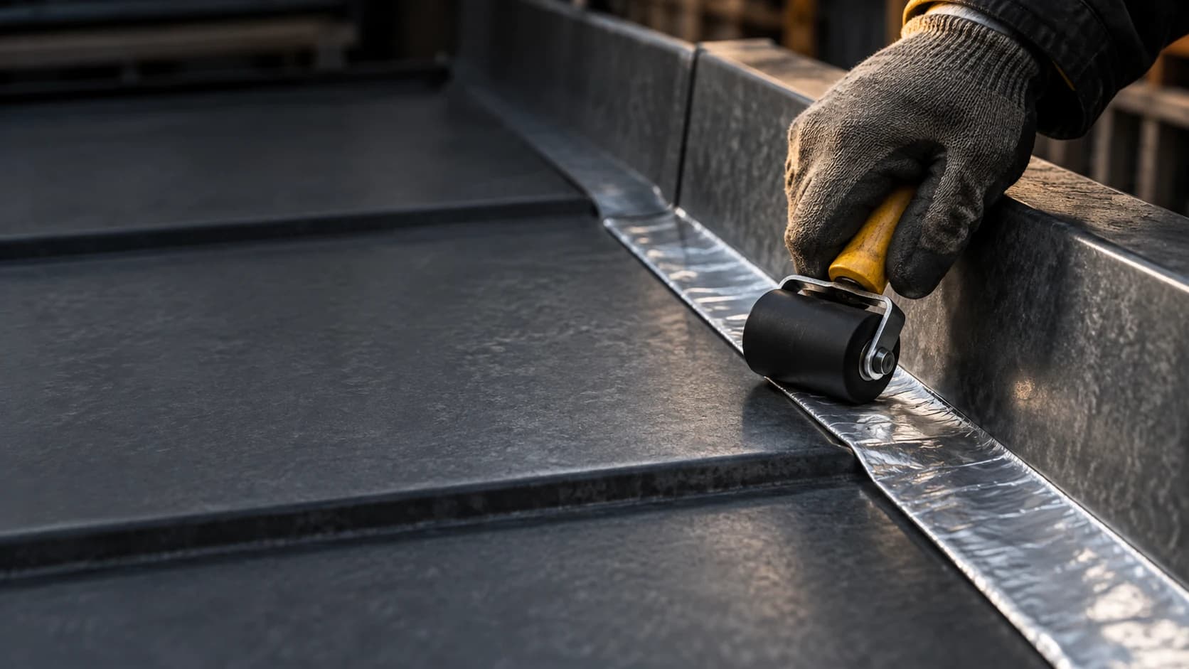 Application illustration: a hand roller pressing silver aluminium-faced sealing tape over a prepared metal joint, without a heat source