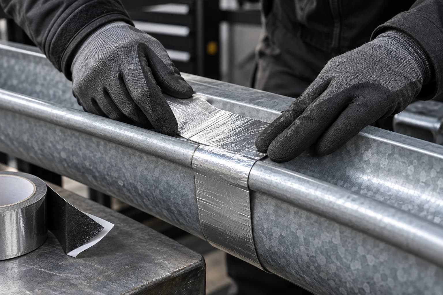 Application concept: gloved hands pressing aluminium-faced sealing tape across a clean dry gutter joint