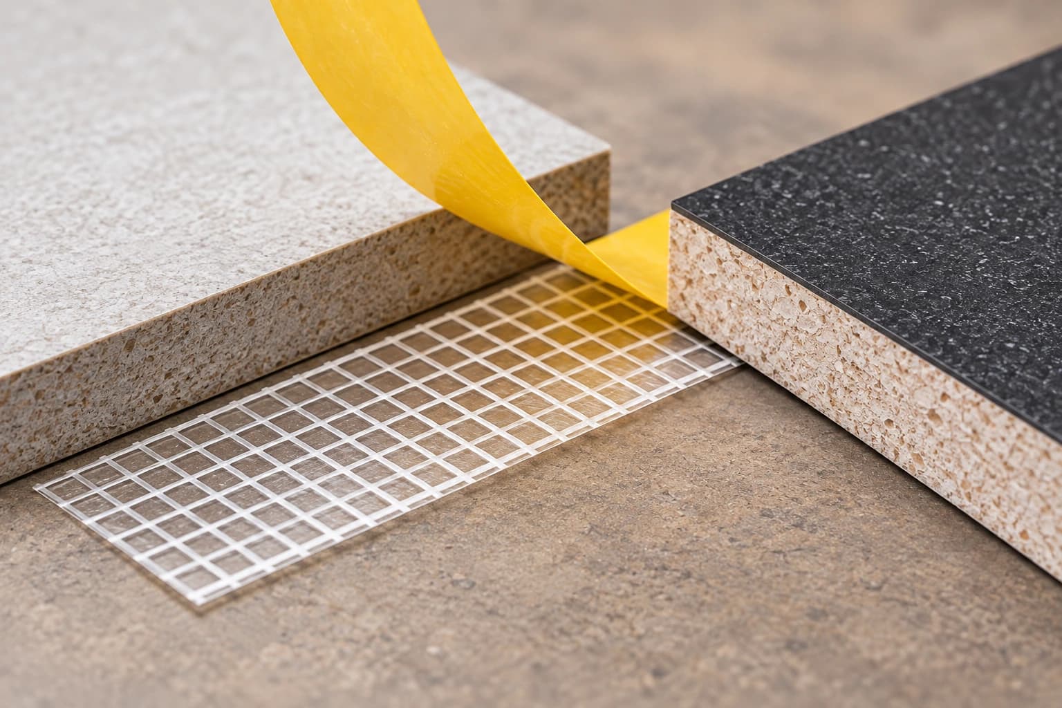 Illustrative assembly: two small dry sample panels with a reinforced tape strip between the surfaces and its yellow liner being removed
