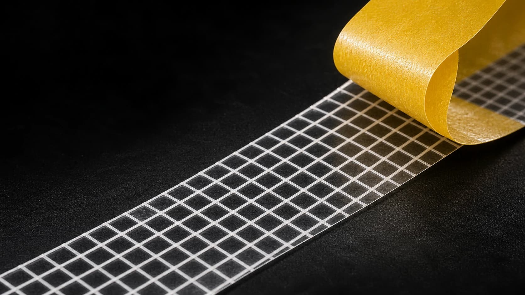 Material illustration of a yellow release liner peeling away from transparent reinforced tape with a fine white glass-fibre grid
