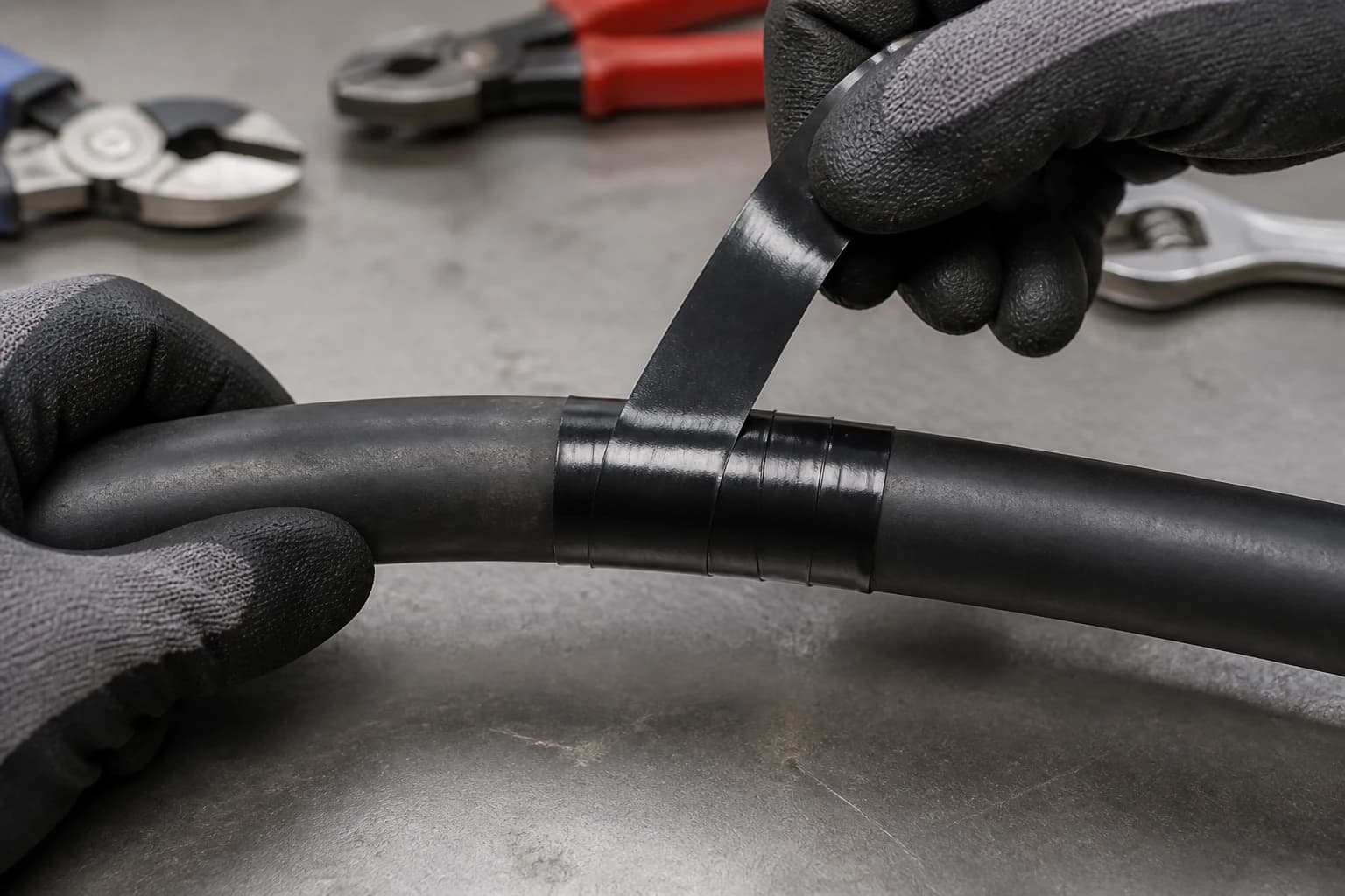 Black vinyl tape being applied over one continuous insulated cable jacket on a workbench