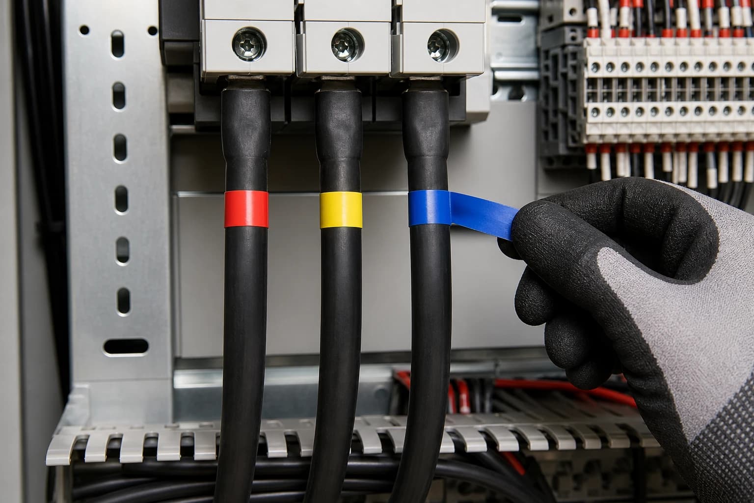 Coloured identification bands on separately insulated conductors in an electrical cabinet