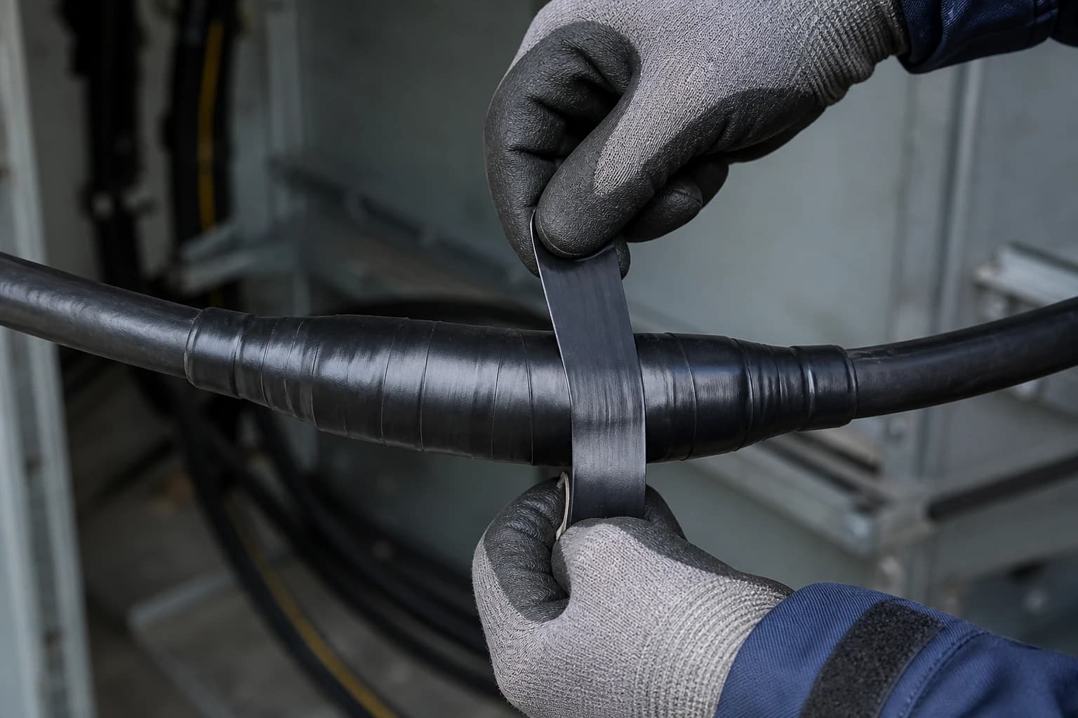 Black electrical tape covering a fully insulated cable joint without exposed conductors