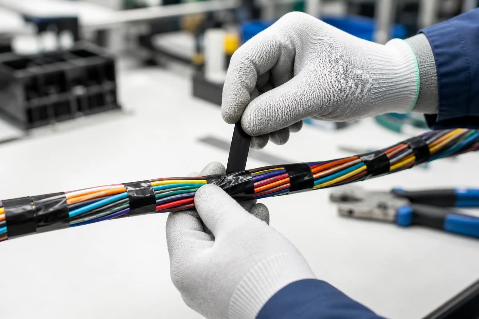 Black tape bands gathering a bundle of individually insulated coloured wires on a workbench