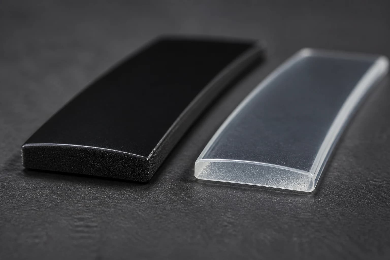 Illustrative dark and transparent acrylic tape cross-sections on an engineering surface