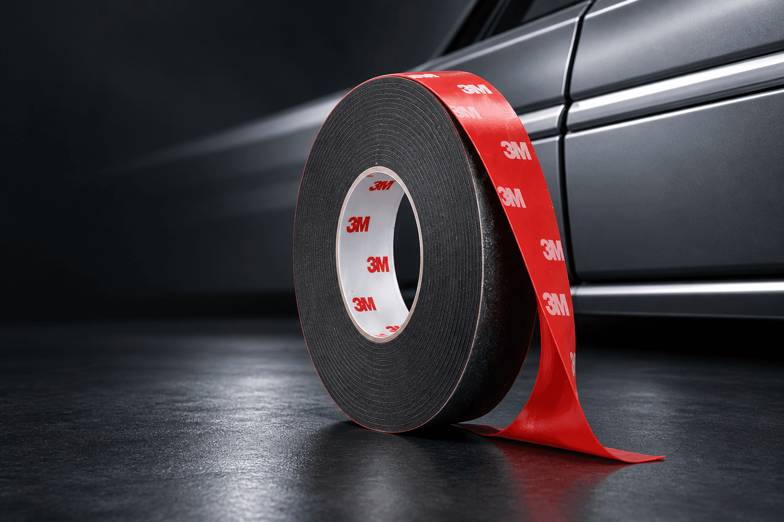 Illustrative dark acrylic foam tape roll with a red release liner beside a clean automotive trim surface