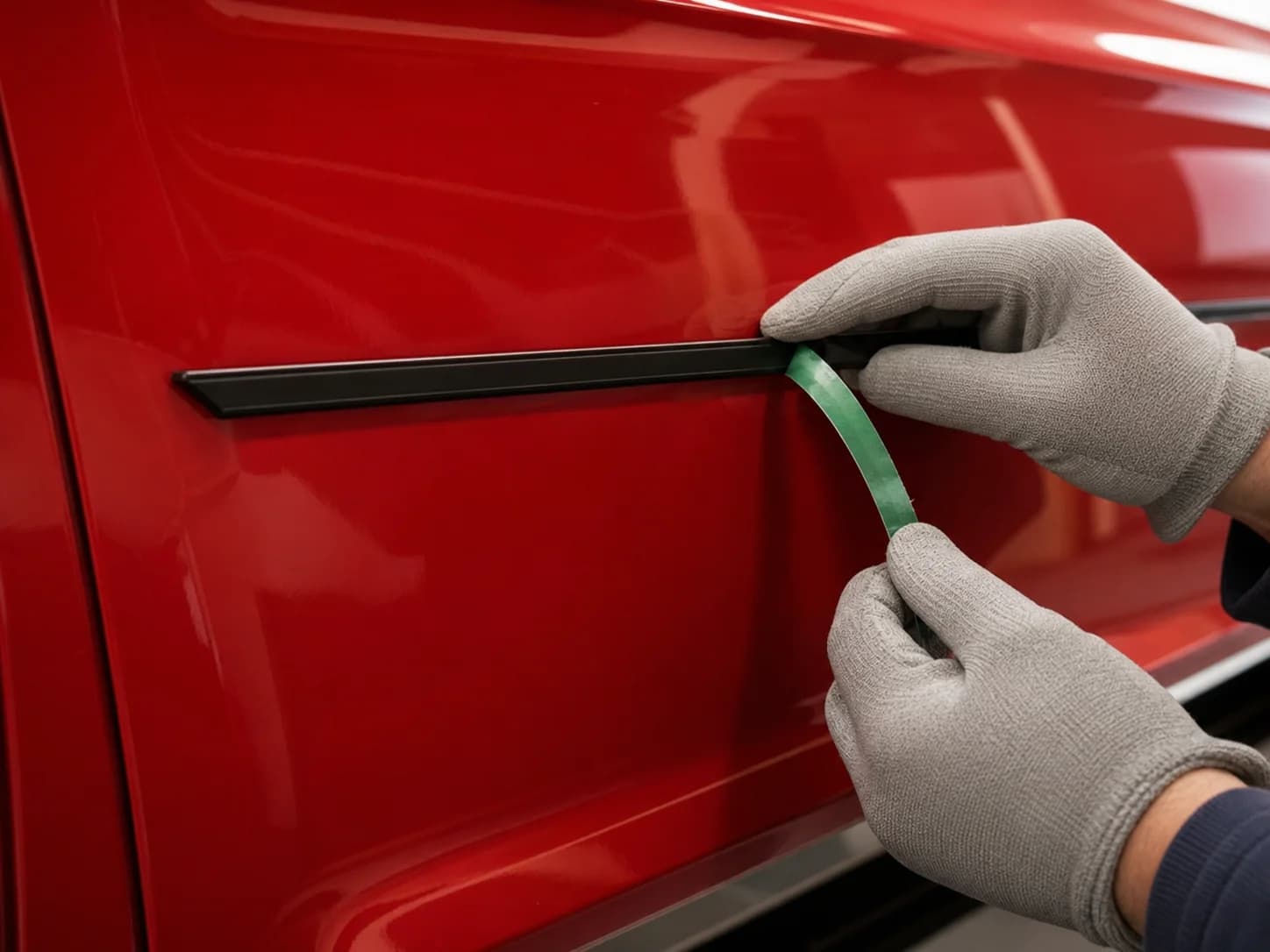 A technician positioning a narrow trim piece on a vehicle panel