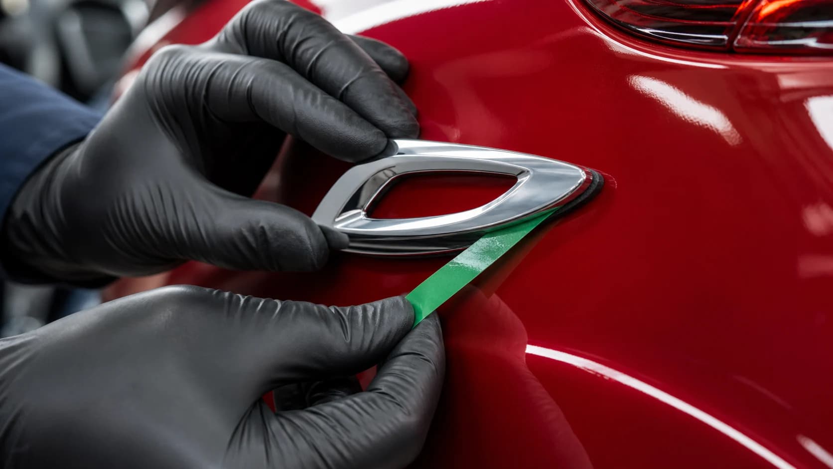 A small unbranded metallic badge being aligned on a vehicle body panel