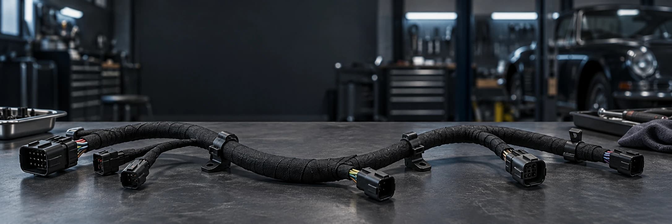 Illustrative disconnected automotive harness on a clean dark workbench, with intact insulated wires, branches and accessible connectors