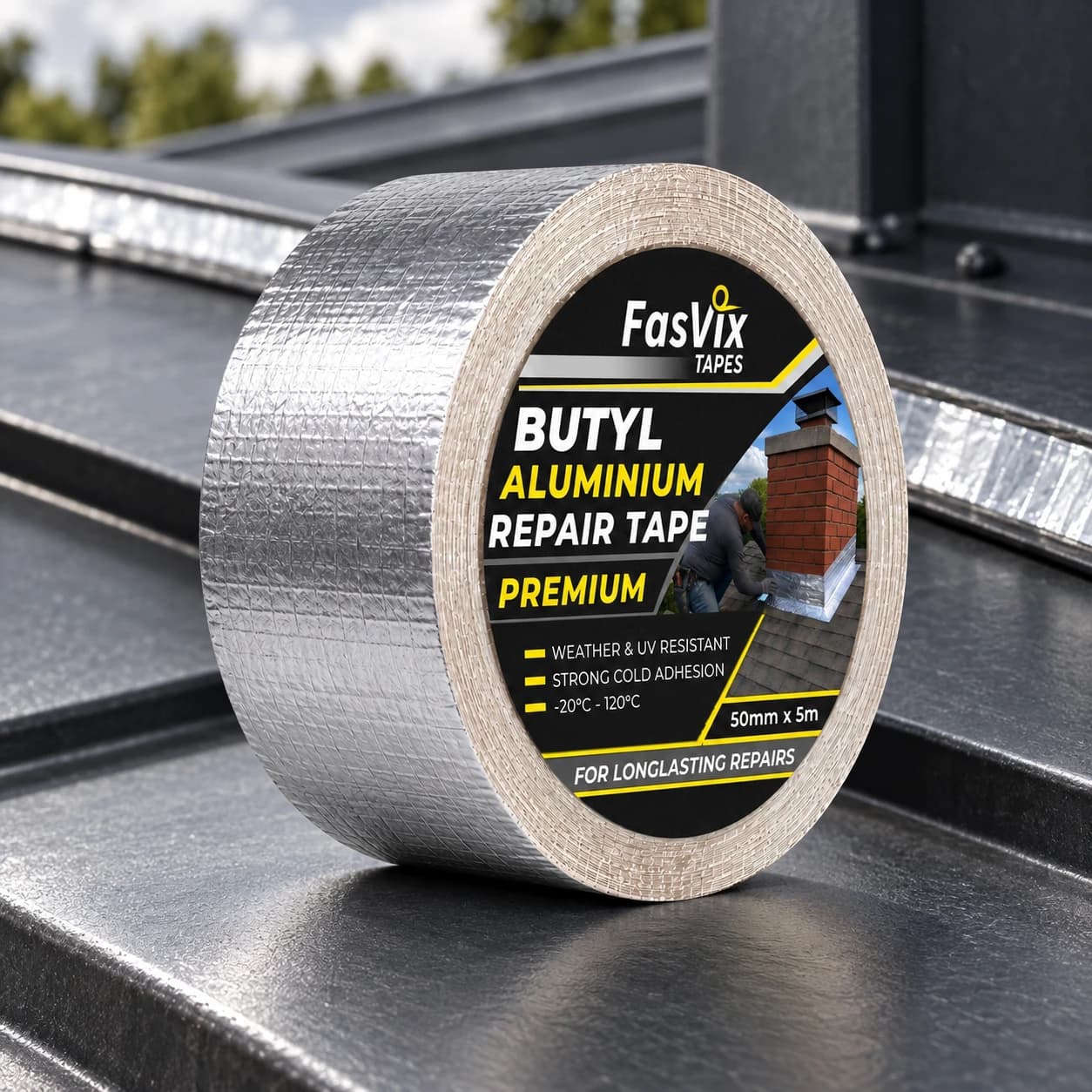 FasVix Premium aluminium butyl tape with black and yellow branding in an illustrative dark metal-flashing setting with a silver sealed joint