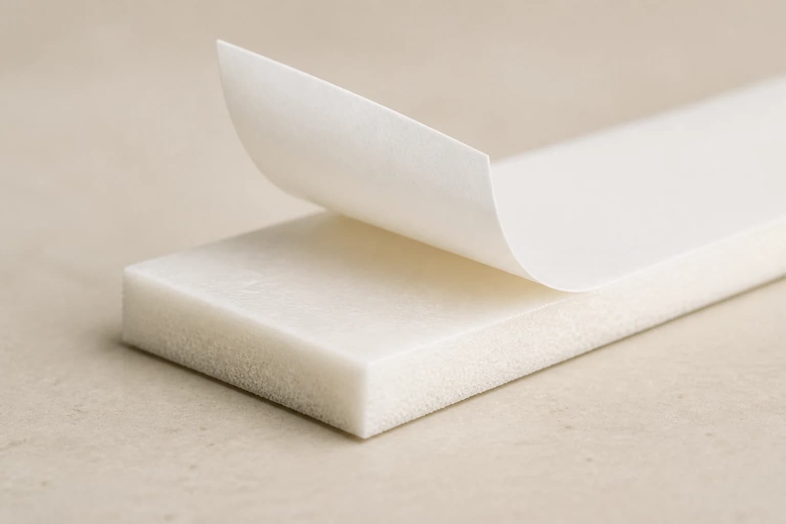 Illustrated close-up of white foam tape and its peeled-back protective liner