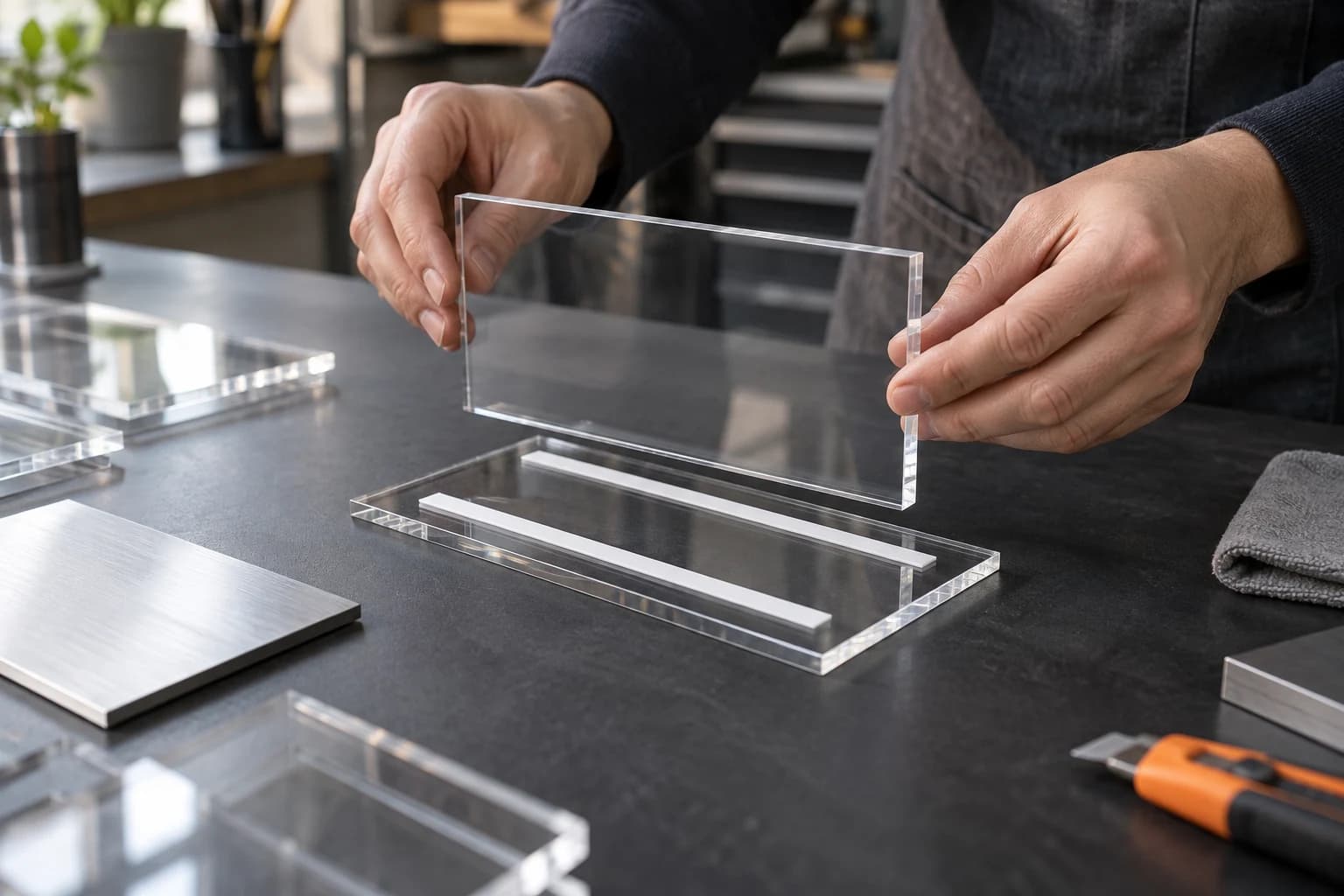 Application concept: two clear acrylic display parts aligned above narrow white foam strips on a fabrication bench