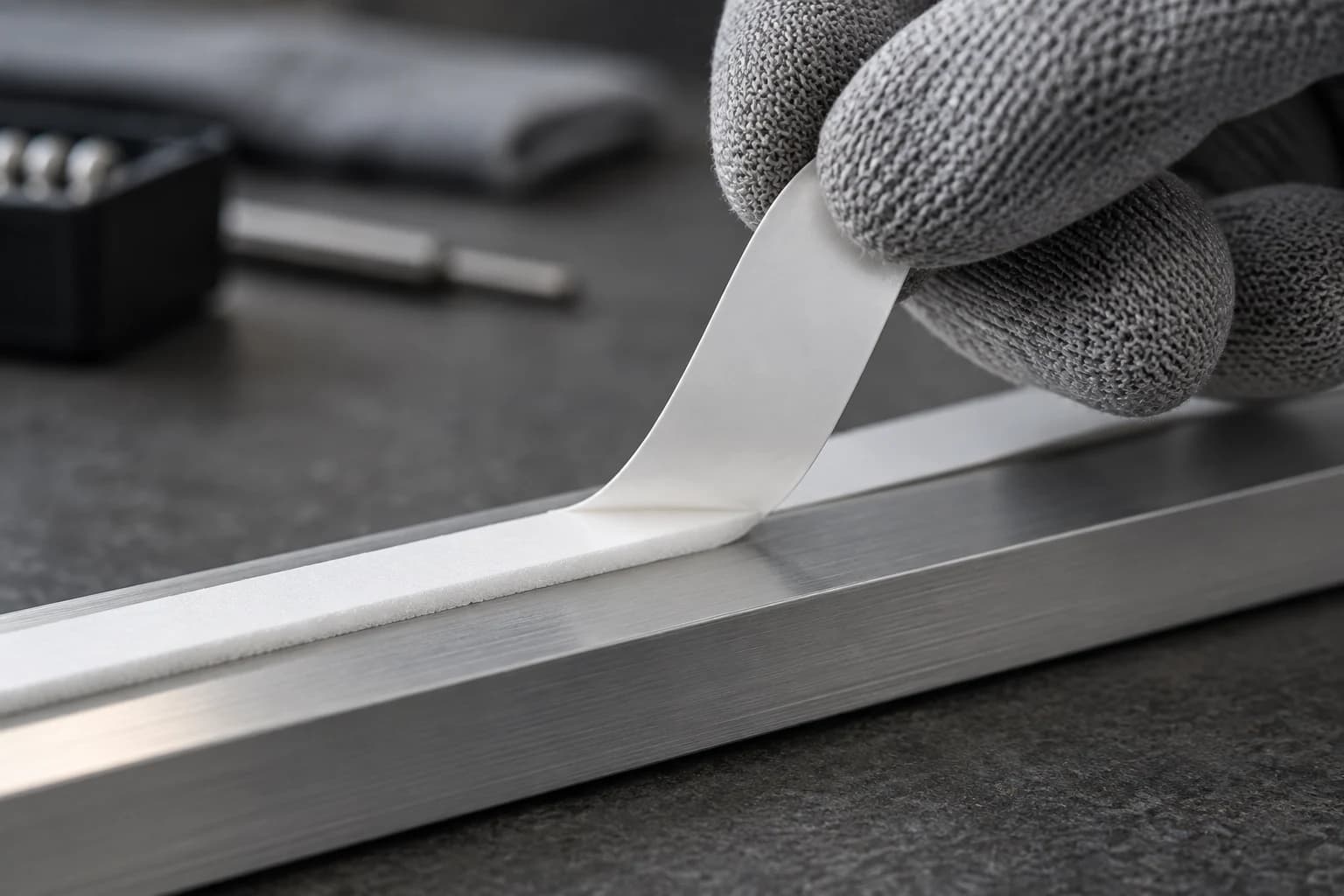 Application concept: lifting the white protective liner while the white foam strip stays flat on a metal component