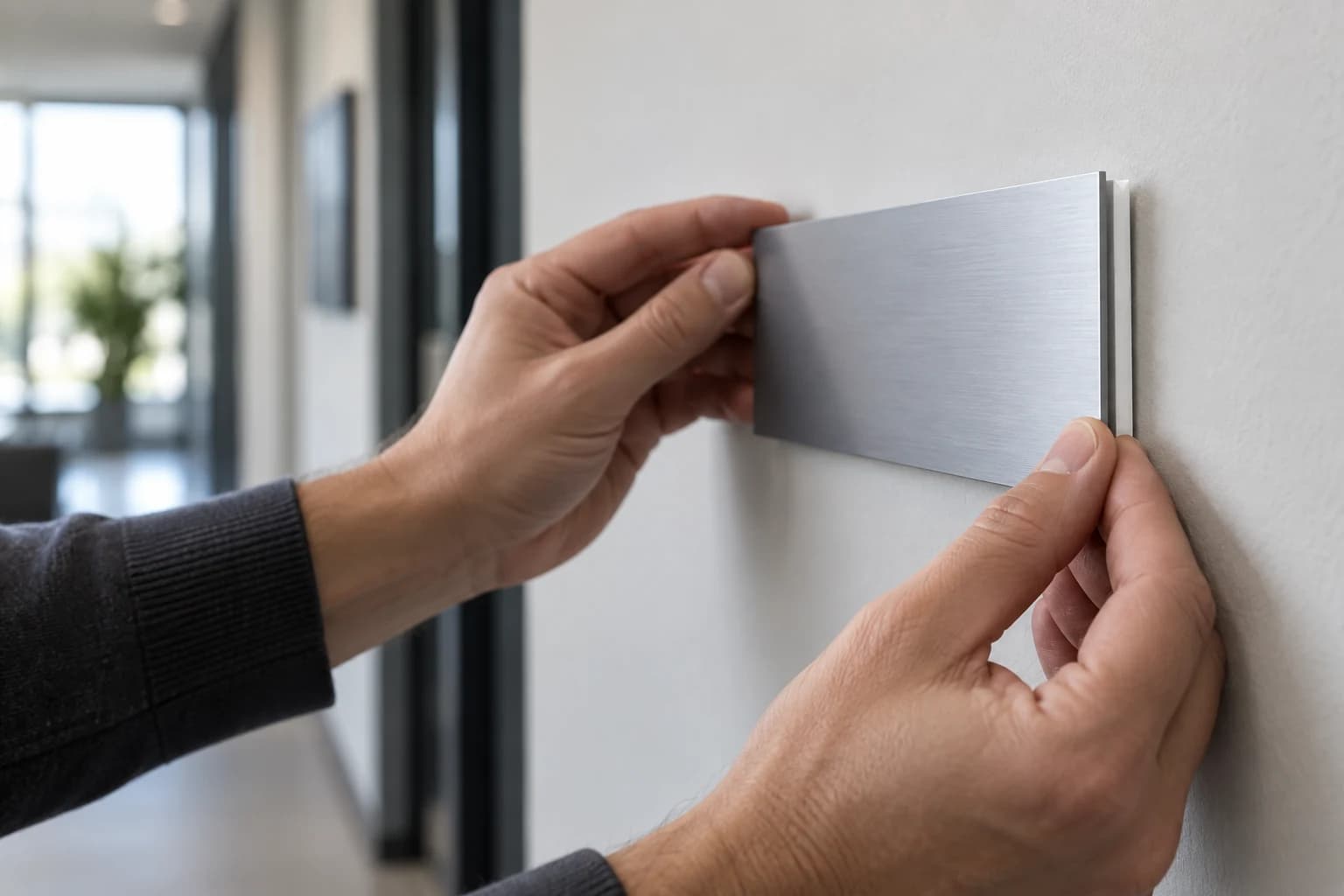 Application concept: a small brushed-metal plate being positioned with white foam strips behind it