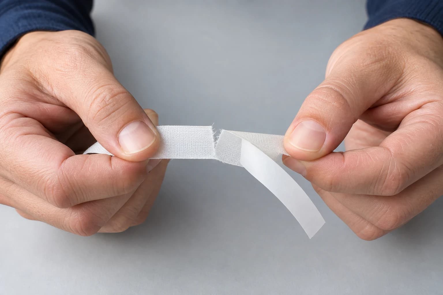 Illustration of hands tearing a thin textile-reinforced strip with a white liner