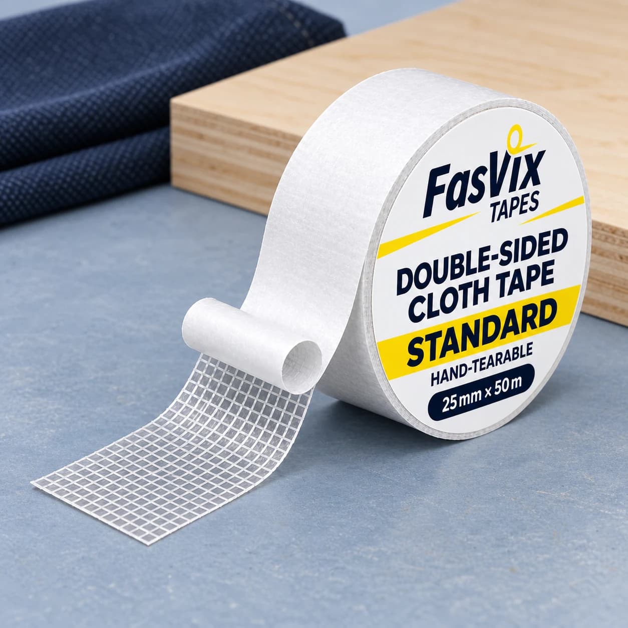 FasVix Standard double-sided cloth tape with a proposed navy and yellow label, pictured on a workbench
