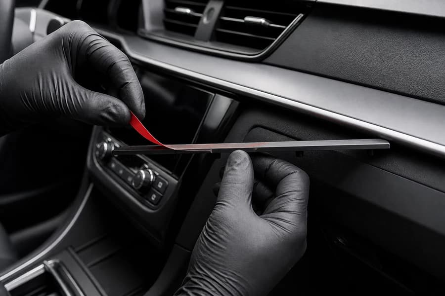 A dashboard trim component being prepared for concealed adhesive mounting