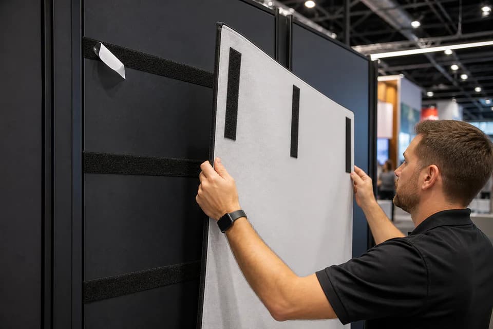 A graphic panel being positioned on an exhibition frame