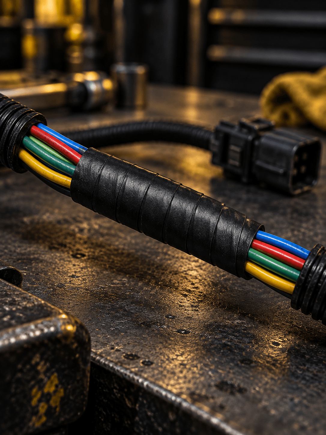 Black rubber tape protecting the outer jacket of an insulated cable