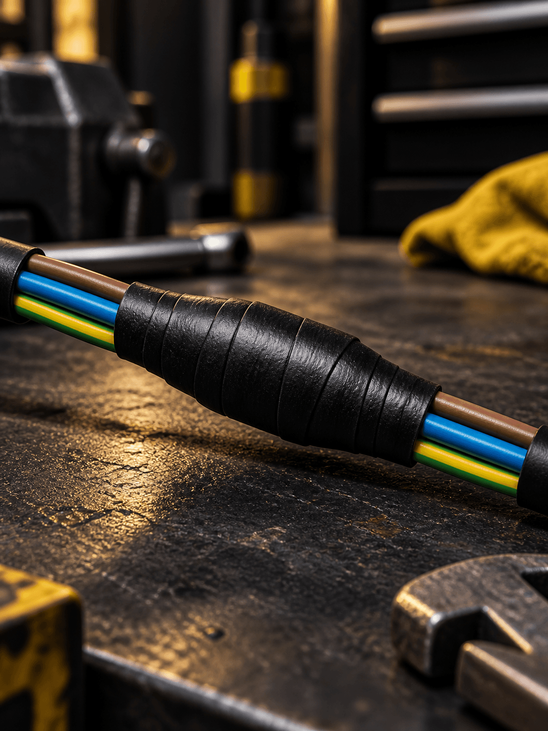Black rubber tape wrapped around an isolated electrical cable joint