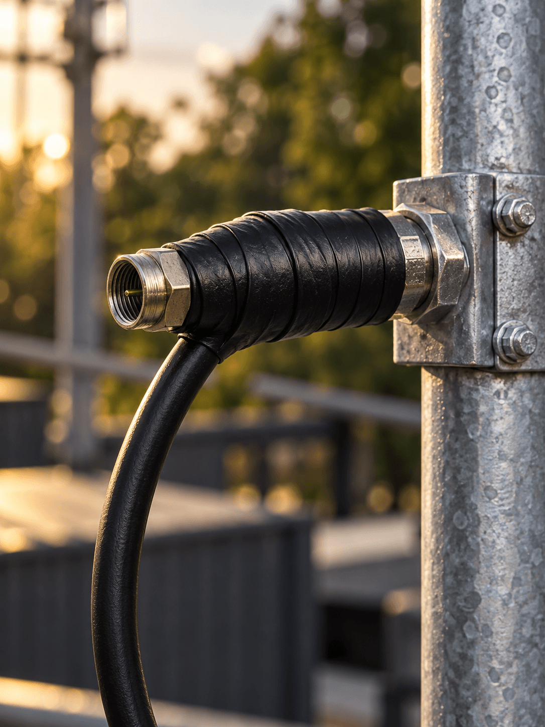 A black tape wrap around a disconnected outdoor cable connection