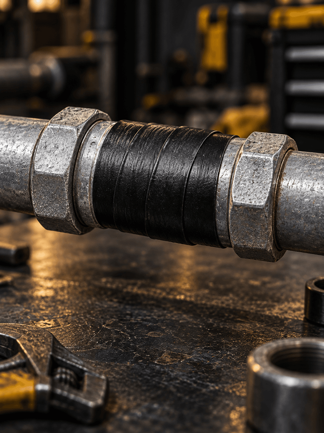 Overlapping black rubber tape around a dry, depressurised pipe connection