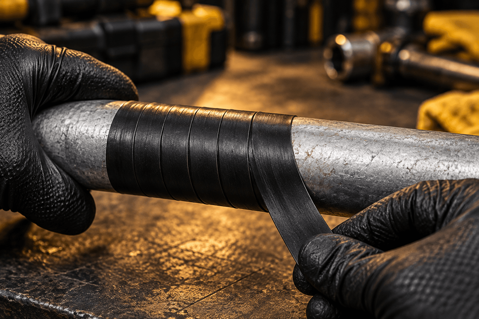 Successive turns of black rubber tape overlapping around a pipe