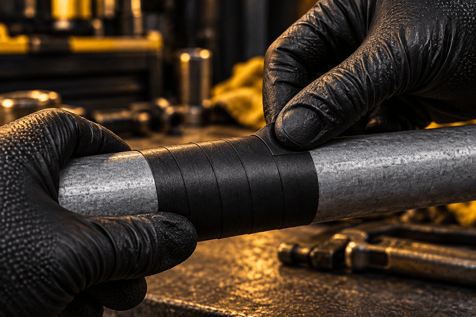 A gloved hand pressing down the final turn of black rubber tape