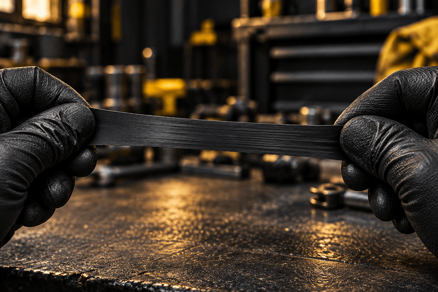 Gloved hands stretching a strip of black rubber tape