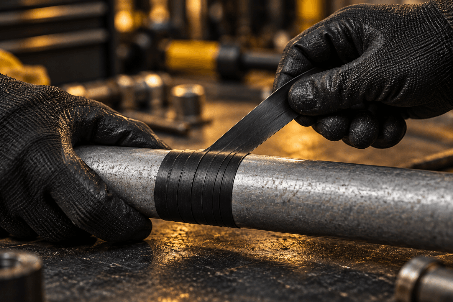 Gloved hands beginning a rubber tape wrap around a dry pipe