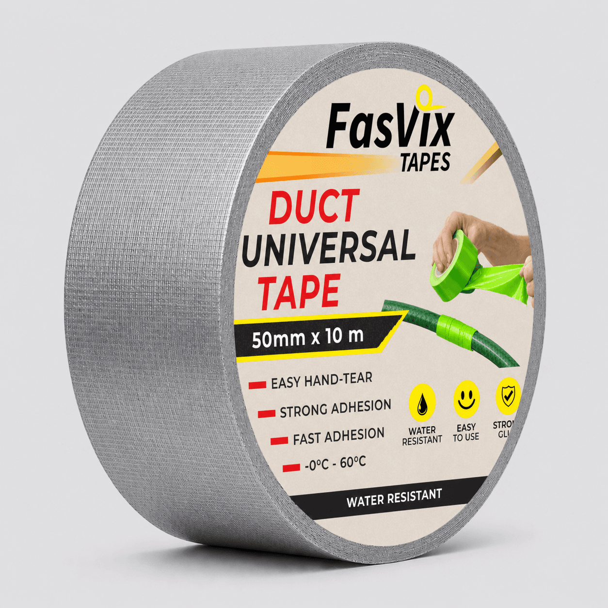 Silver roll of Universal Duct Tape with the DUCT UNIVERSAL TAPE label.