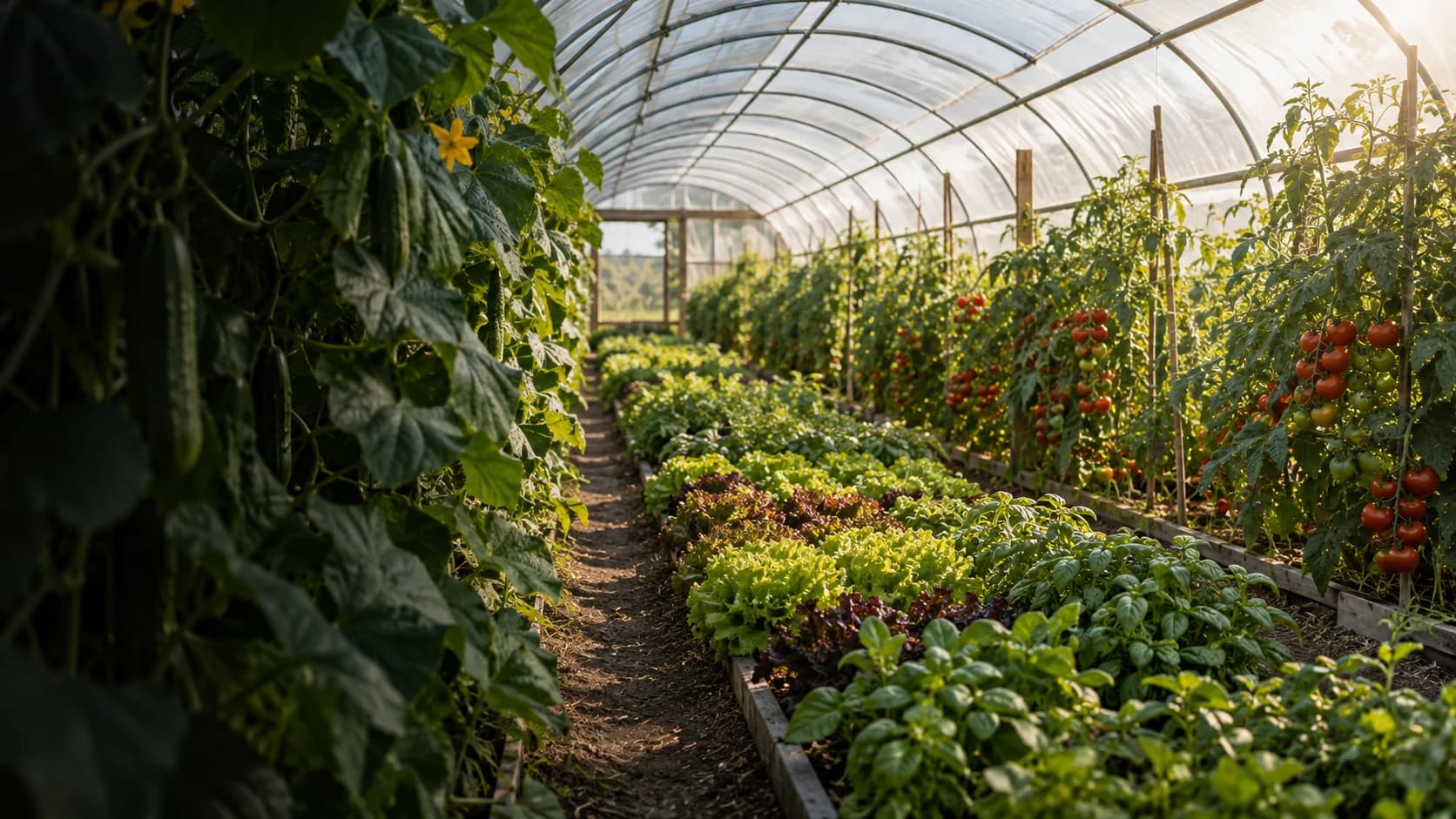 Rows of leafy vegetables growing inside a sunlit greenhouse tunnel