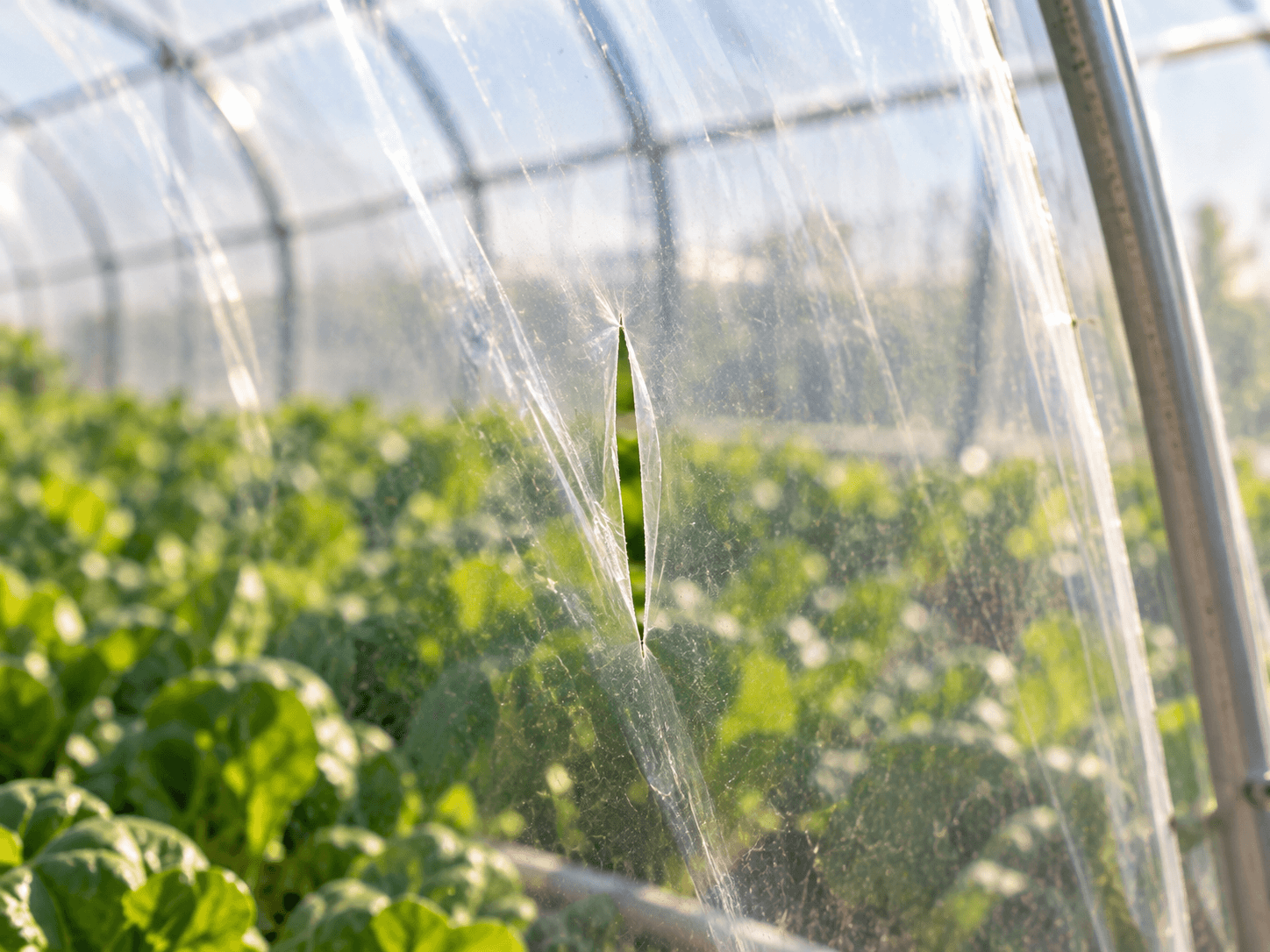 A small tear in a transparent greenhouse covering