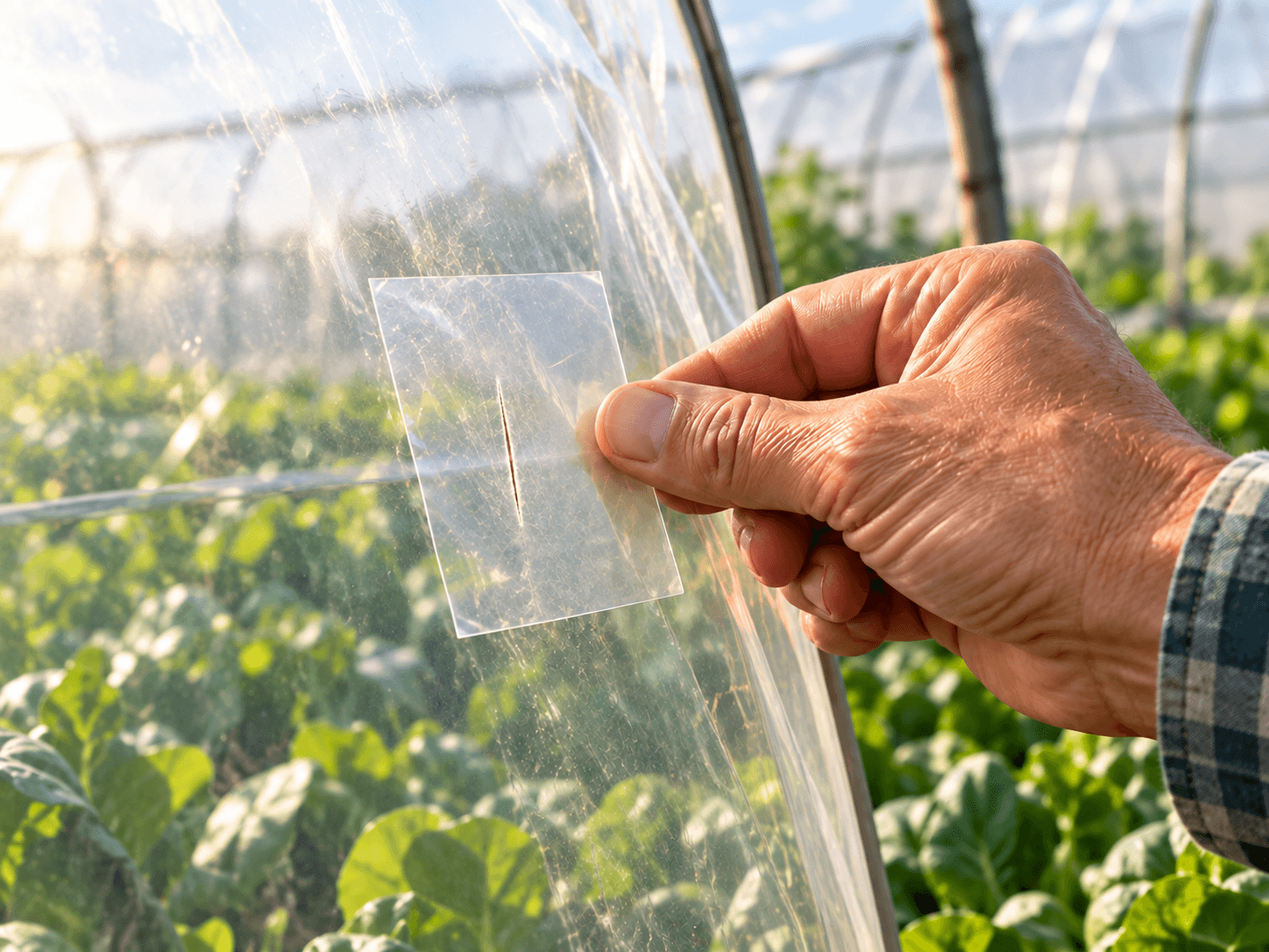 Close view of a transparent tape patch on greenhouse film