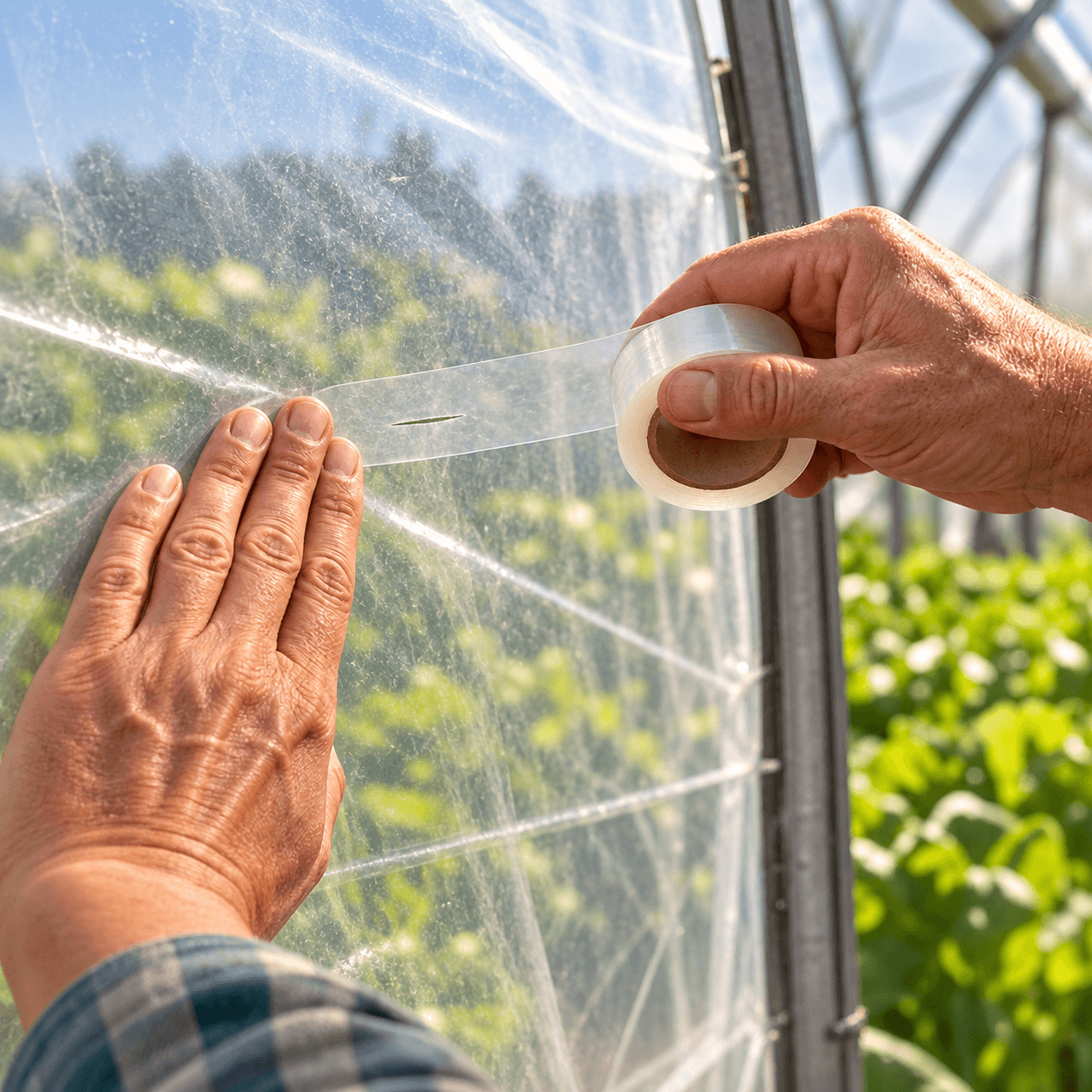 Transparent repair tape being laid over a tear in greenhouse film