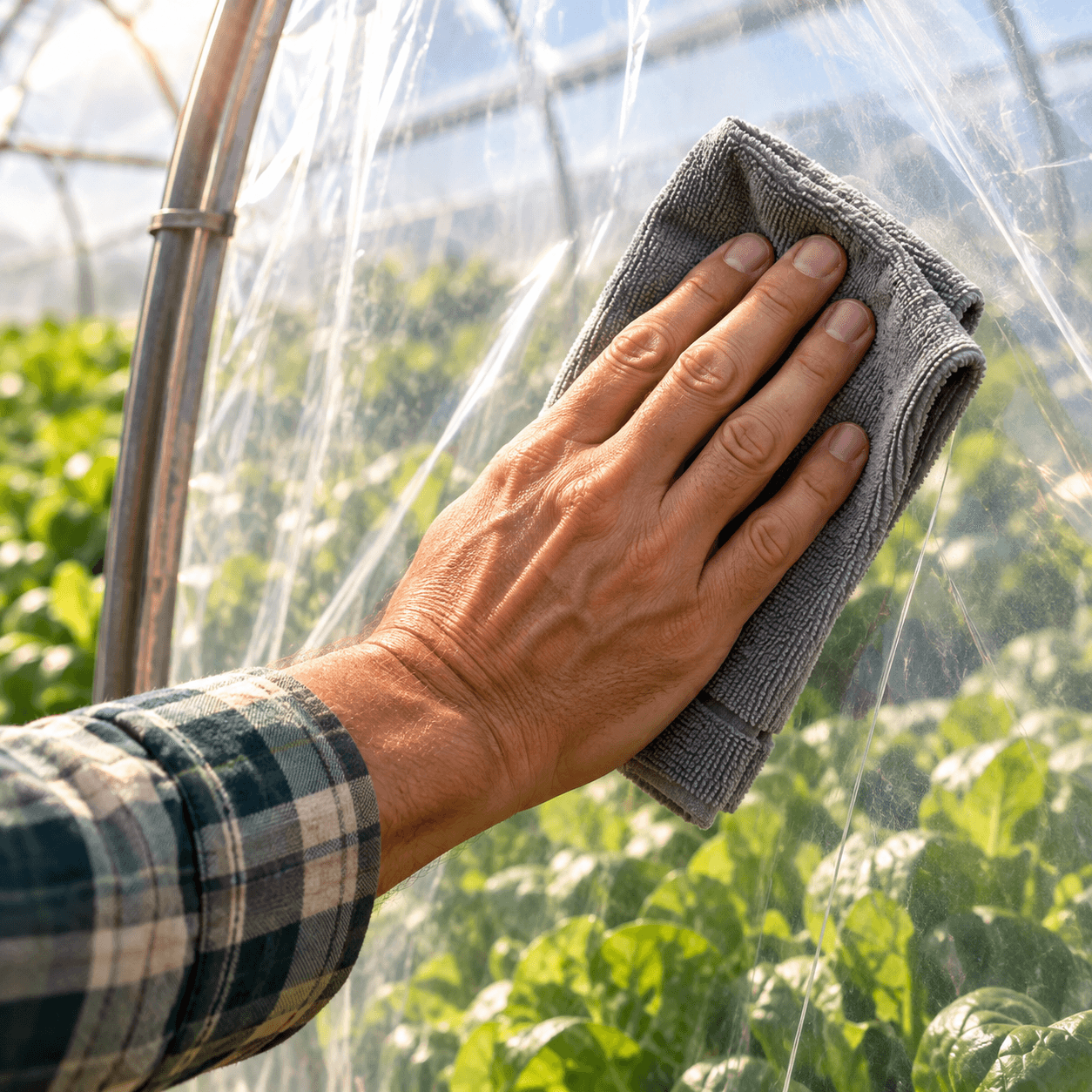 A cloth cleaning the area around a small tear in greenhouse film