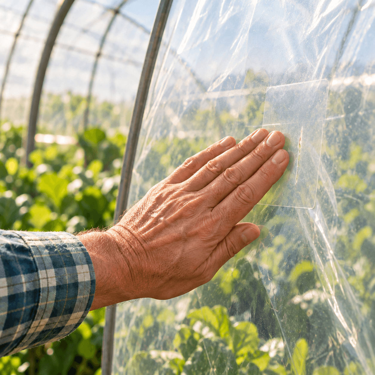 A hand pressing a transparent repair patch onto greenhouse film