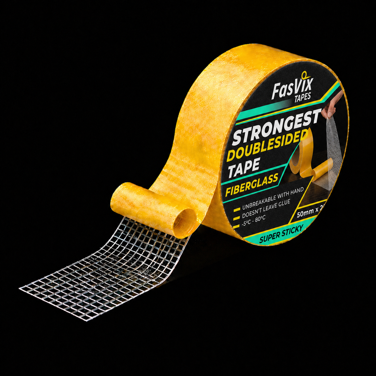 Original FasVix golden-yellow double-sided filament tape roll with its supplied label and exposed white glass-fibre reinforcement grid