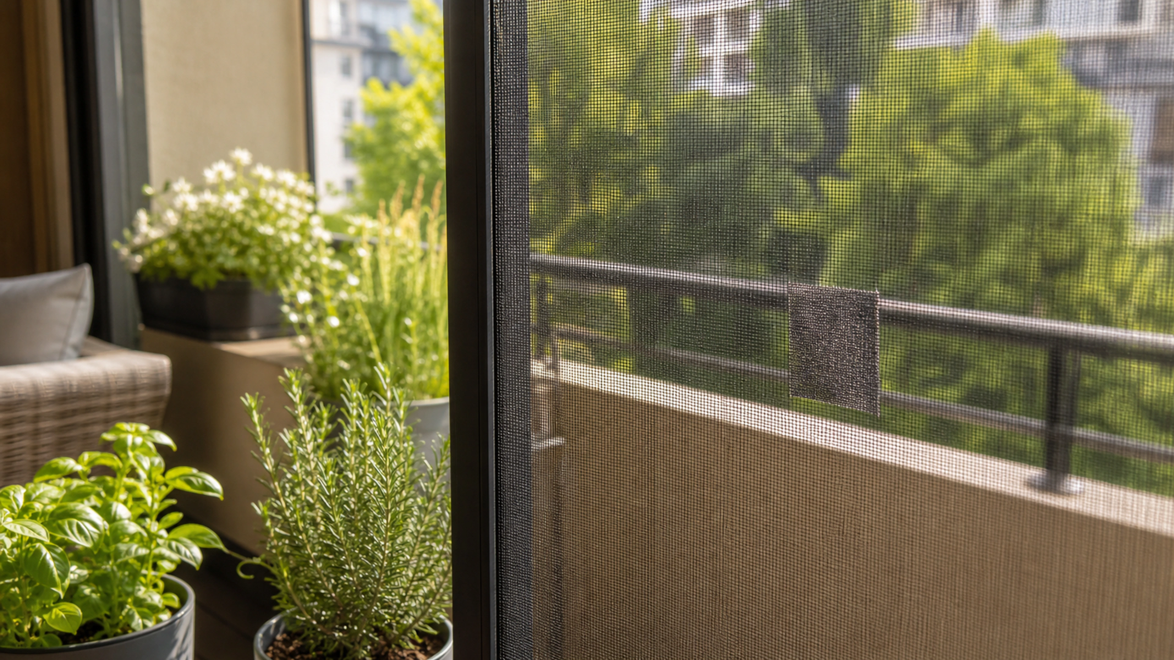 Balcony fitted with protective mesh