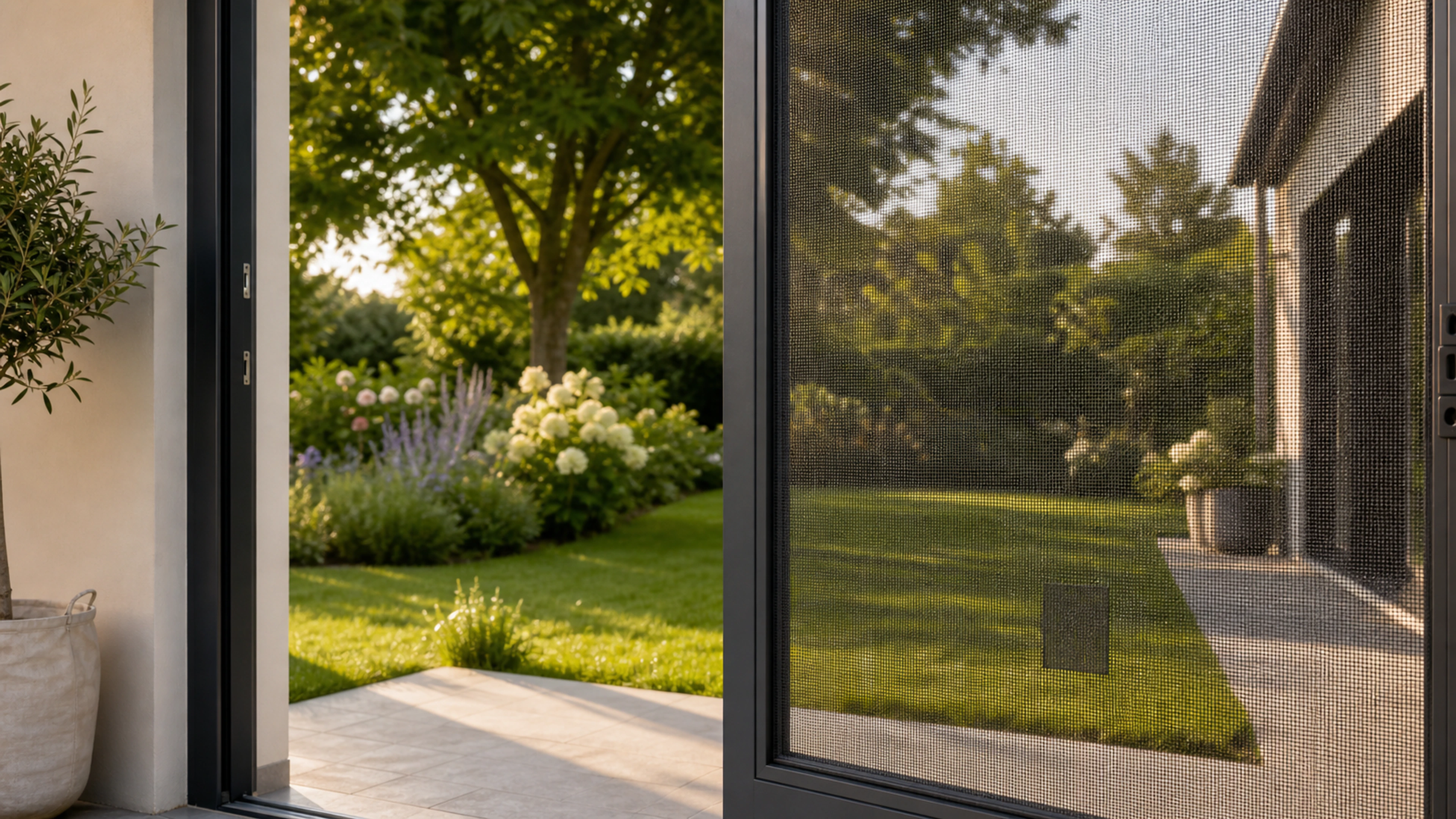 Door fitted with insect-screen mesh