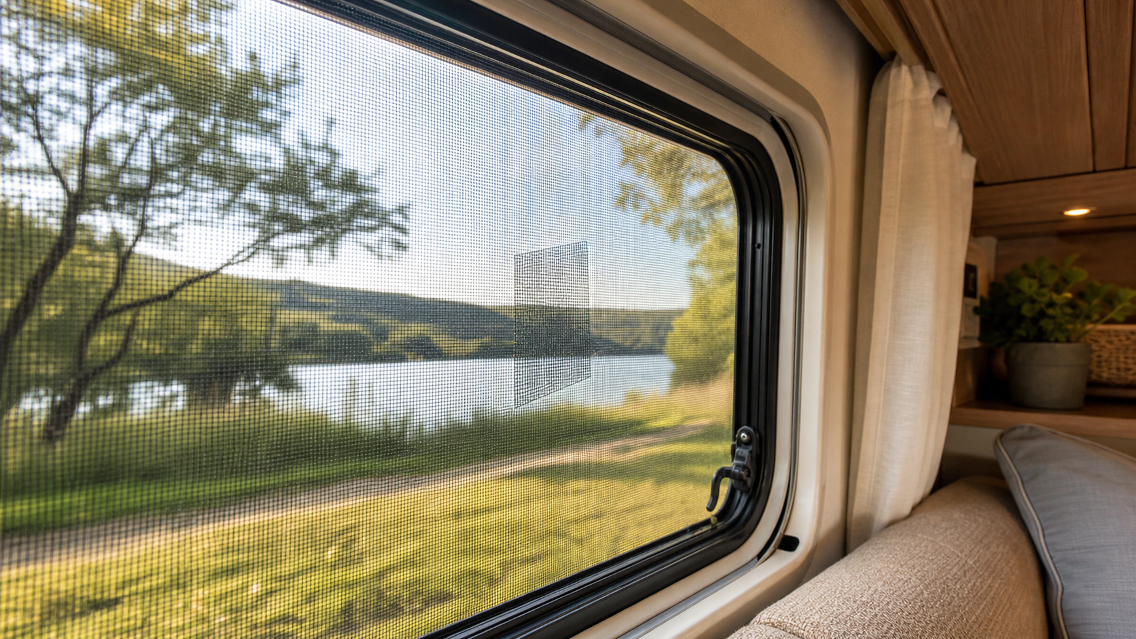 Recreational vehicle with a mesh window screen