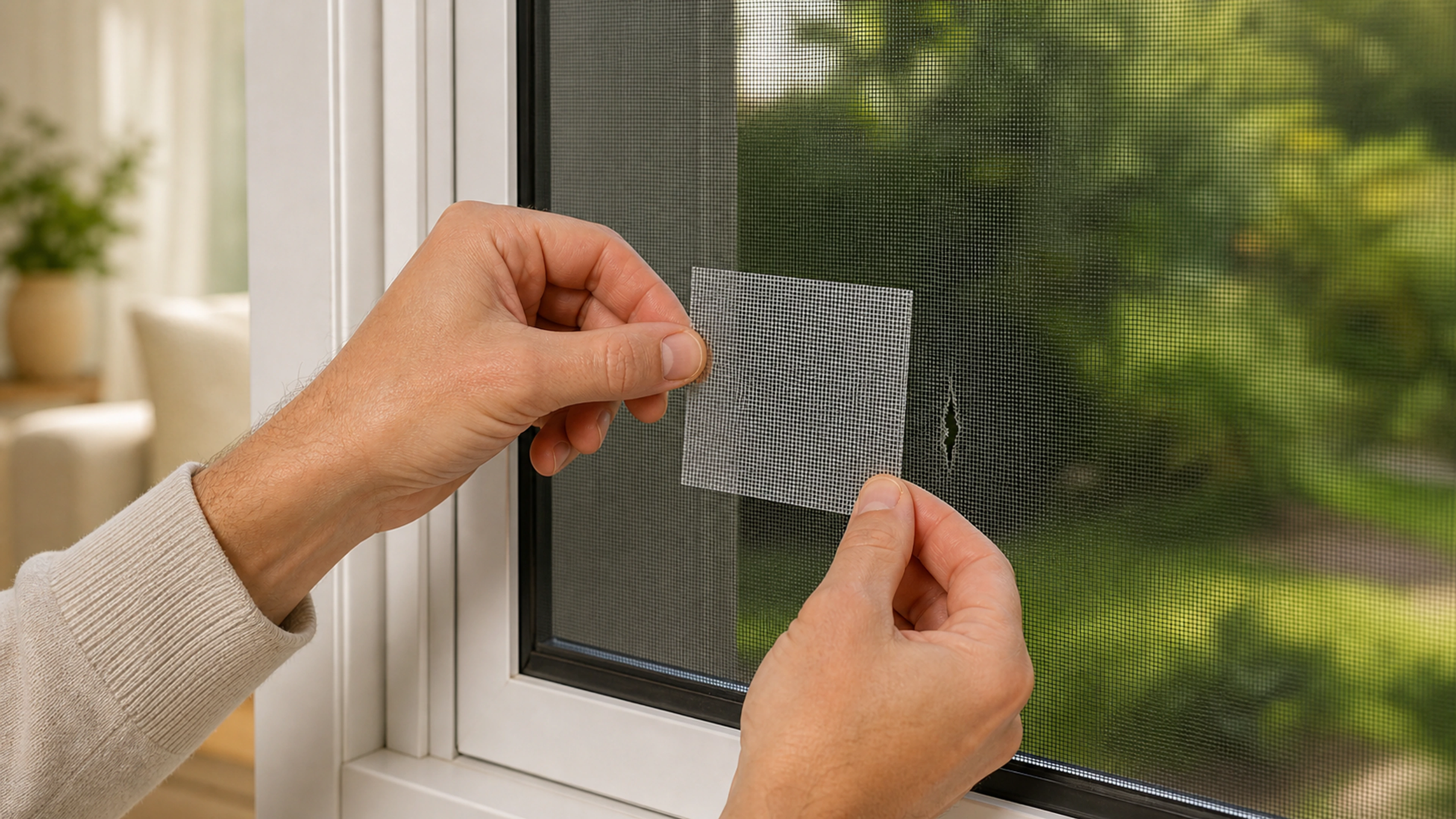 Positioning repair tape over damaged mesh