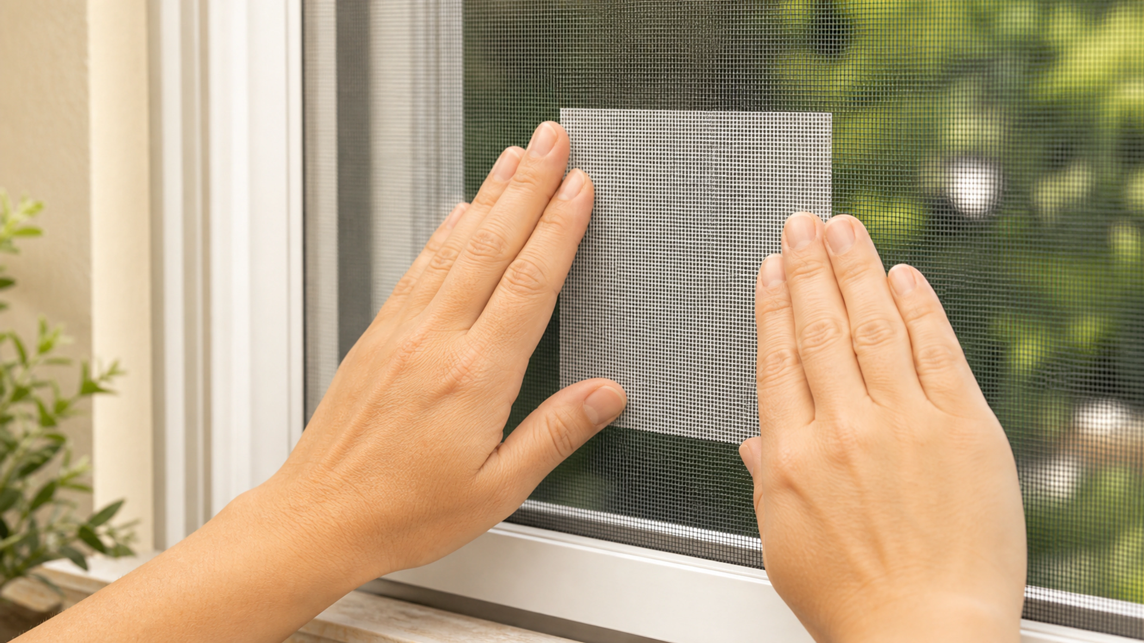 Pressing repair tape onto a mesh screen