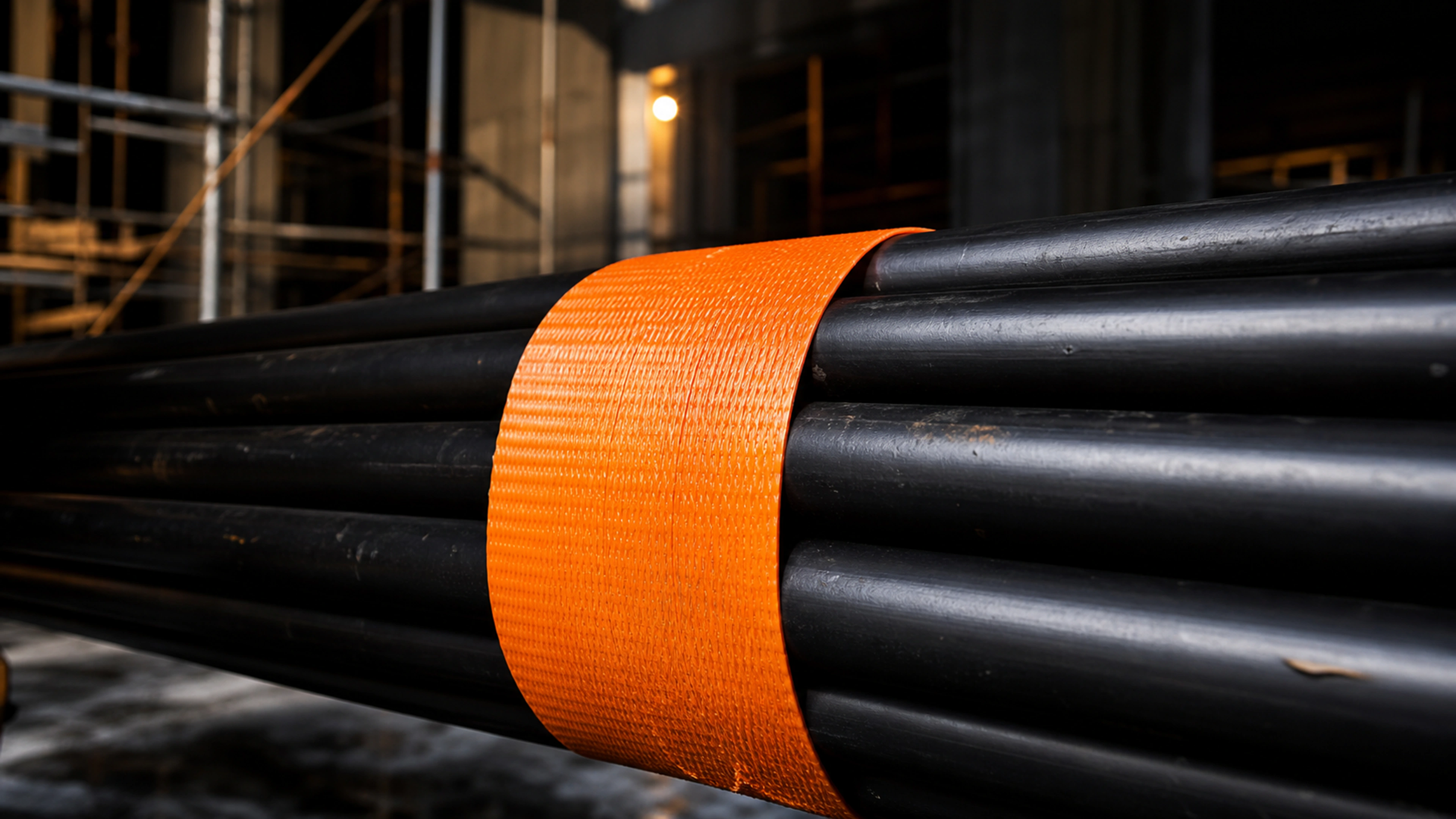 Orange construction tape securing bundled materials