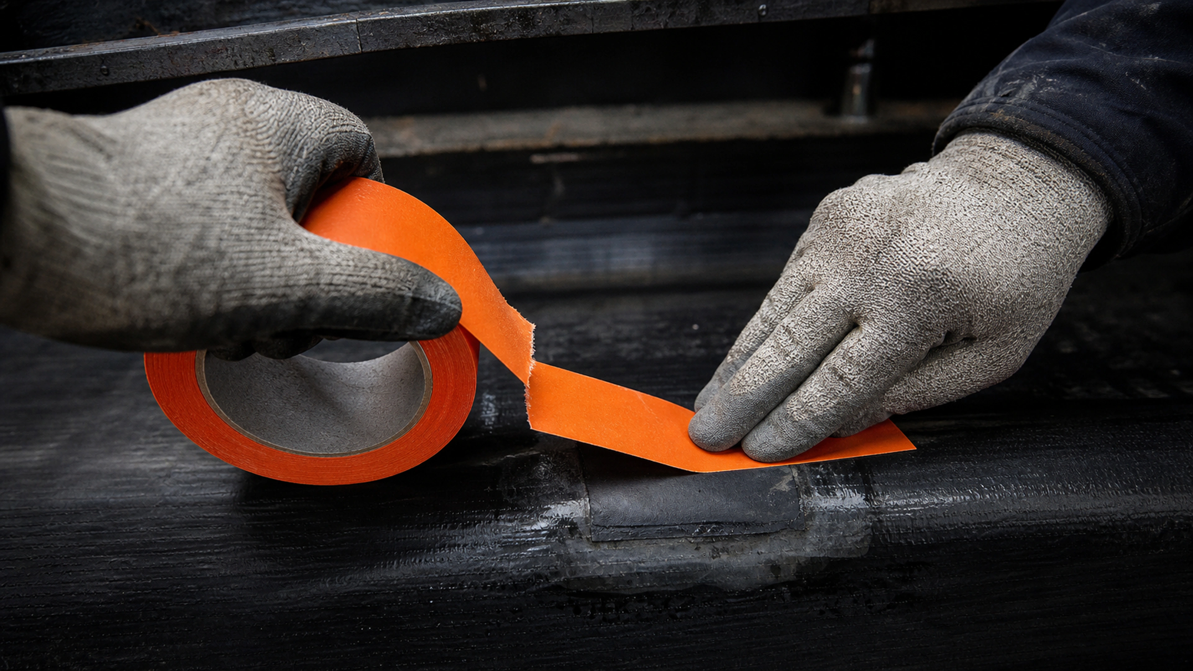 Orange construction tape used for a repair