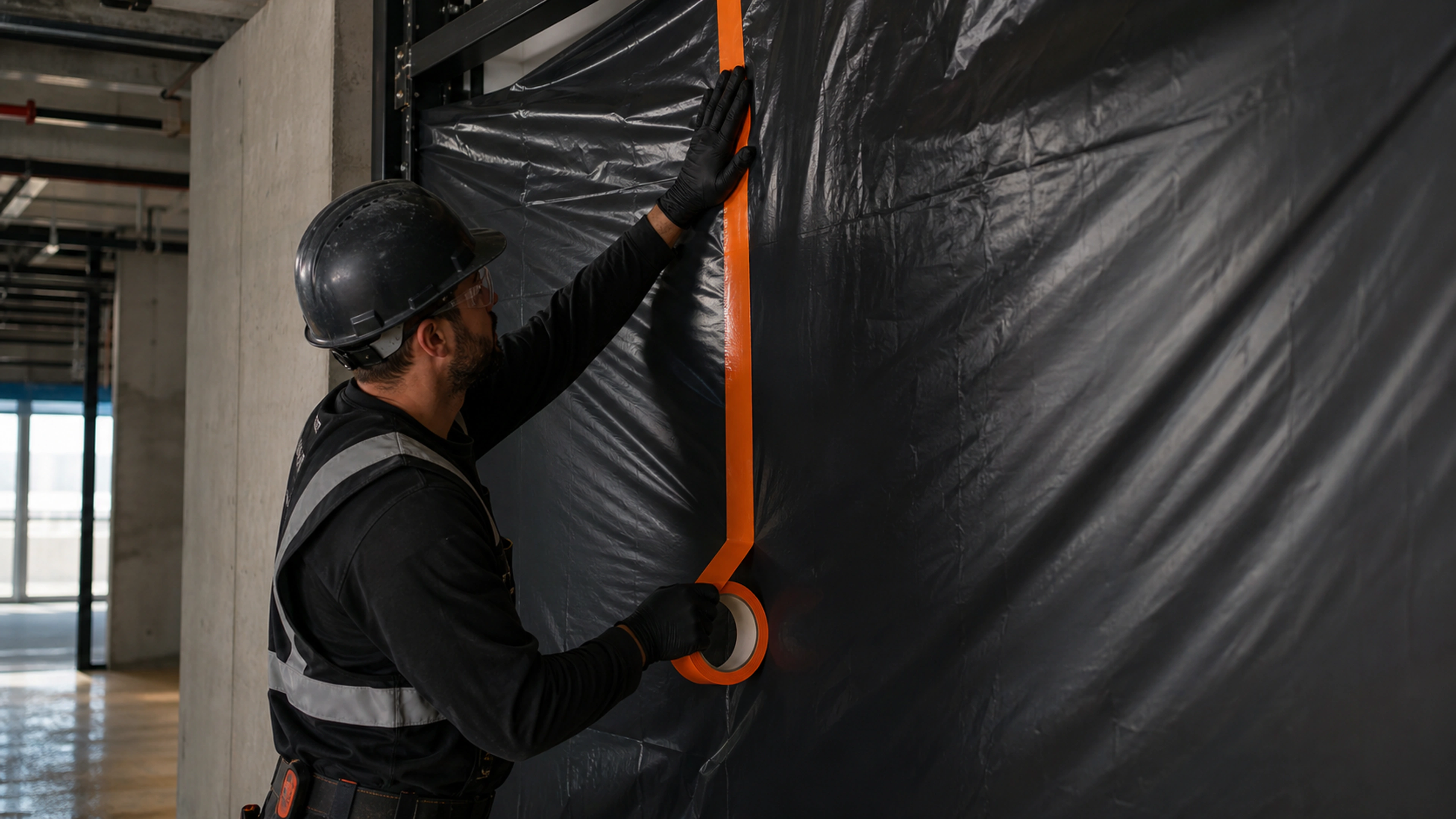 Orange PE-backed tape sealing a construction detail
